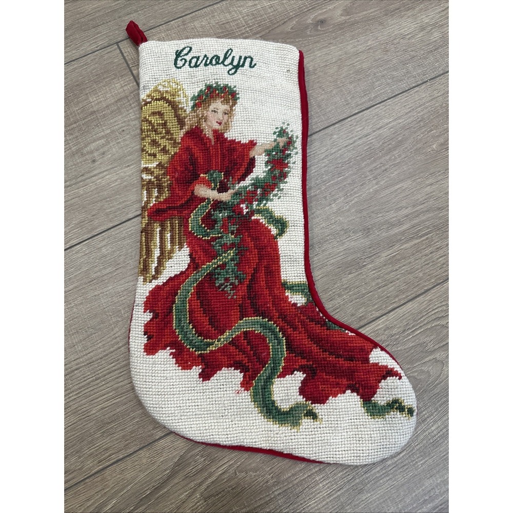 Needlepoint‎ Wool Christmas Stocking Customized CAROLYN 15.5" Angel Vintage